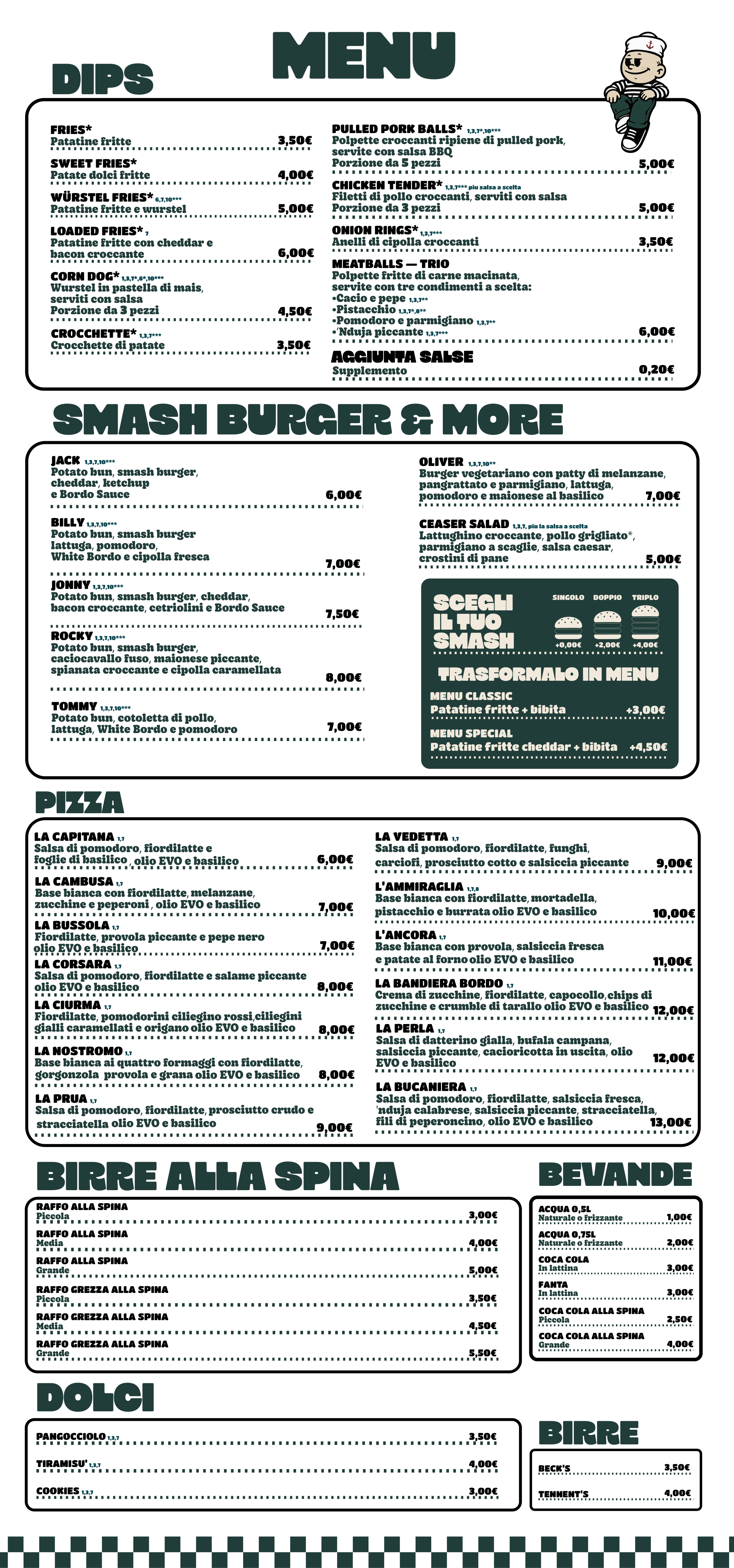 Menu Bordo: dips, smash burger, pizze, birre, bevande e dolci con i prezzi